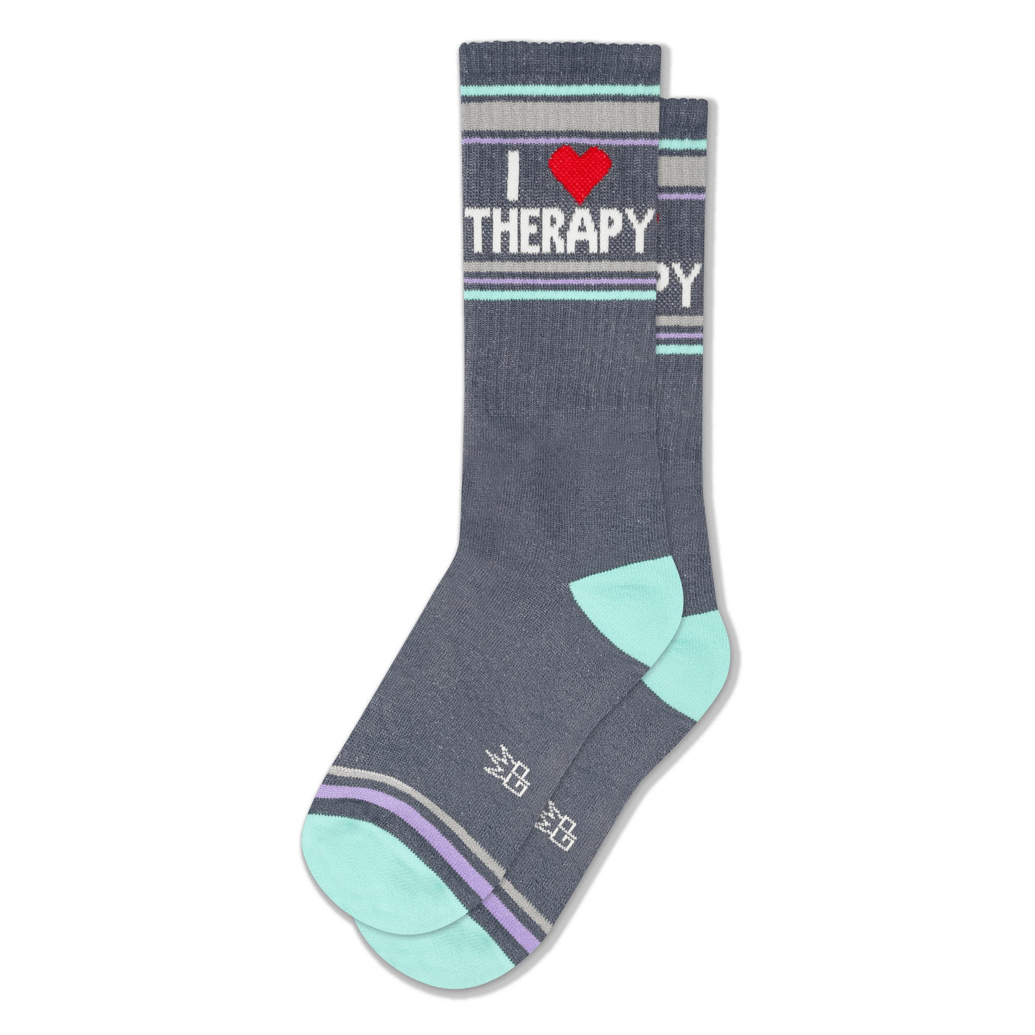 Gray crew socks with mint heel and toe. Text reads I Heart THERAPY with a red heart and retro purple and mint green stripes.