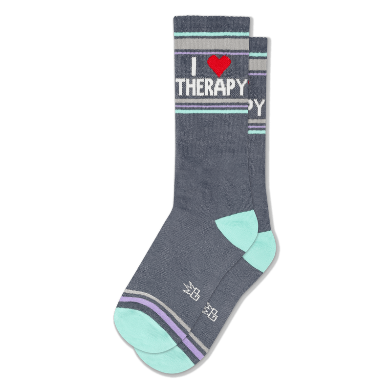 Gray crew socks with mint heel and toe. Text reads I Heart THERAPY with a red heart and retro purple and mint green stripes.