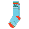Light blue crew socks with dark green SILLY GOOSE text, orange heels and toes, and sporty striped accents near the cuff.