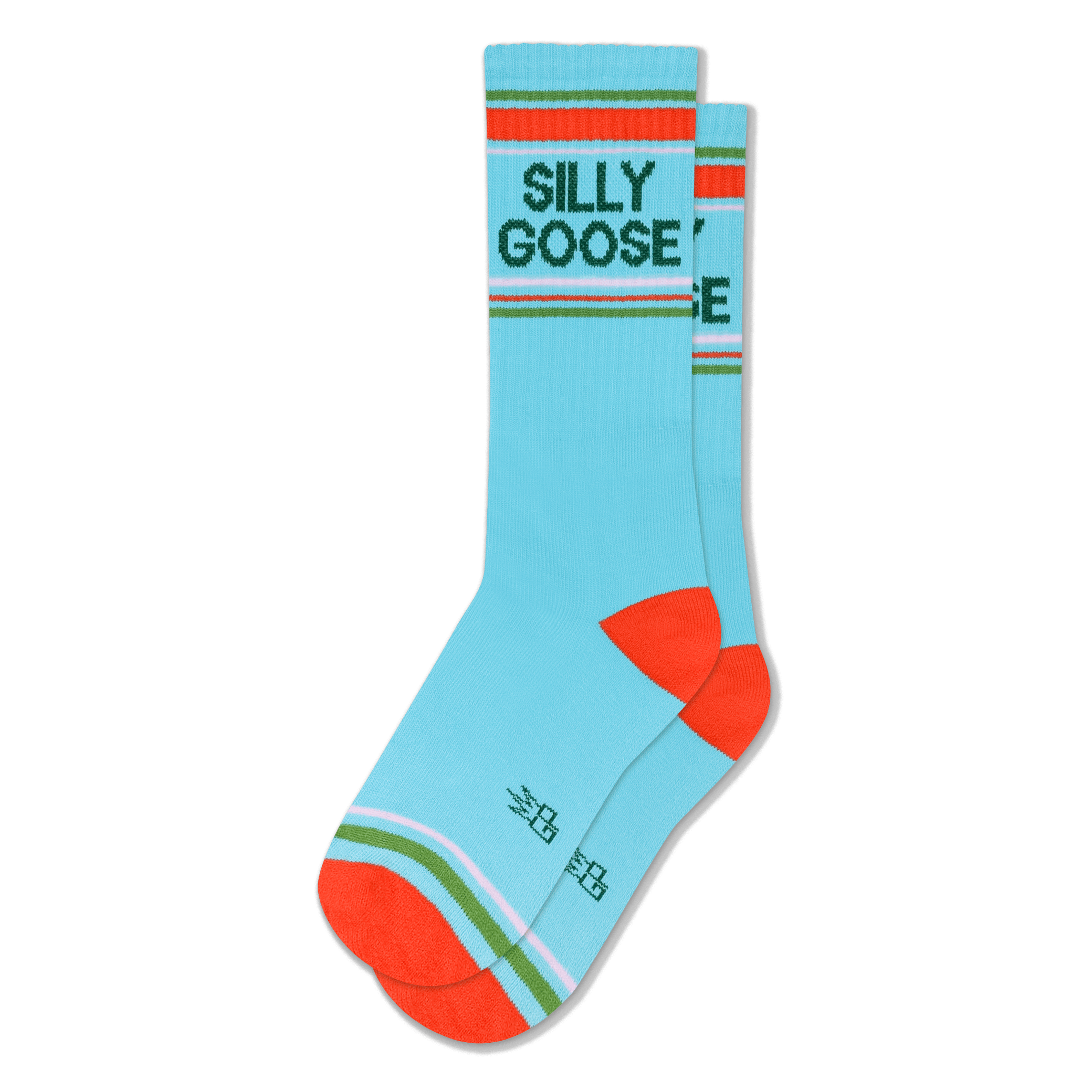 Light blue crew socks with dark green SILLY GOOSE text, orange heels and toes, and sporty striped accents near the cuff.