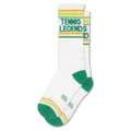 White crew socks with green TENNIS LEGENDS text, neon athletic stripes, and bold green accents on the heel and toe.