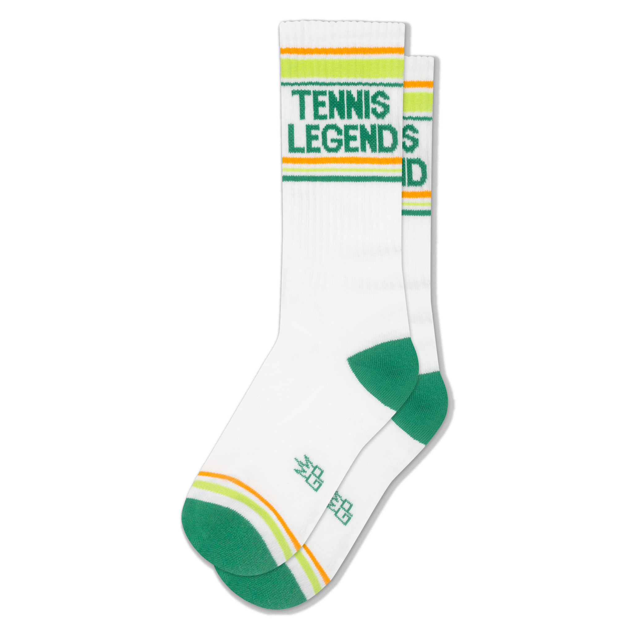 White crew socks with green TENNIS LEGENDS text, neon athletic stripes, and bold green accents on the heel and toe.