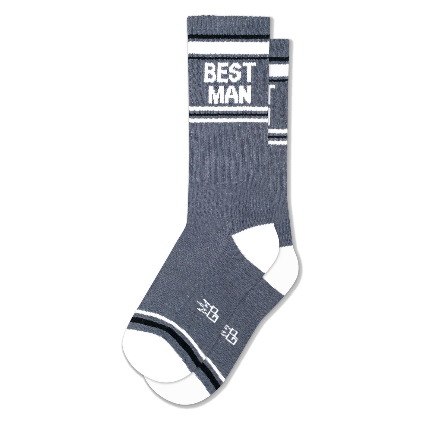 Heather grey crew socks with white heel and toe, athletic stripes, and BEST MAN in bold letters.