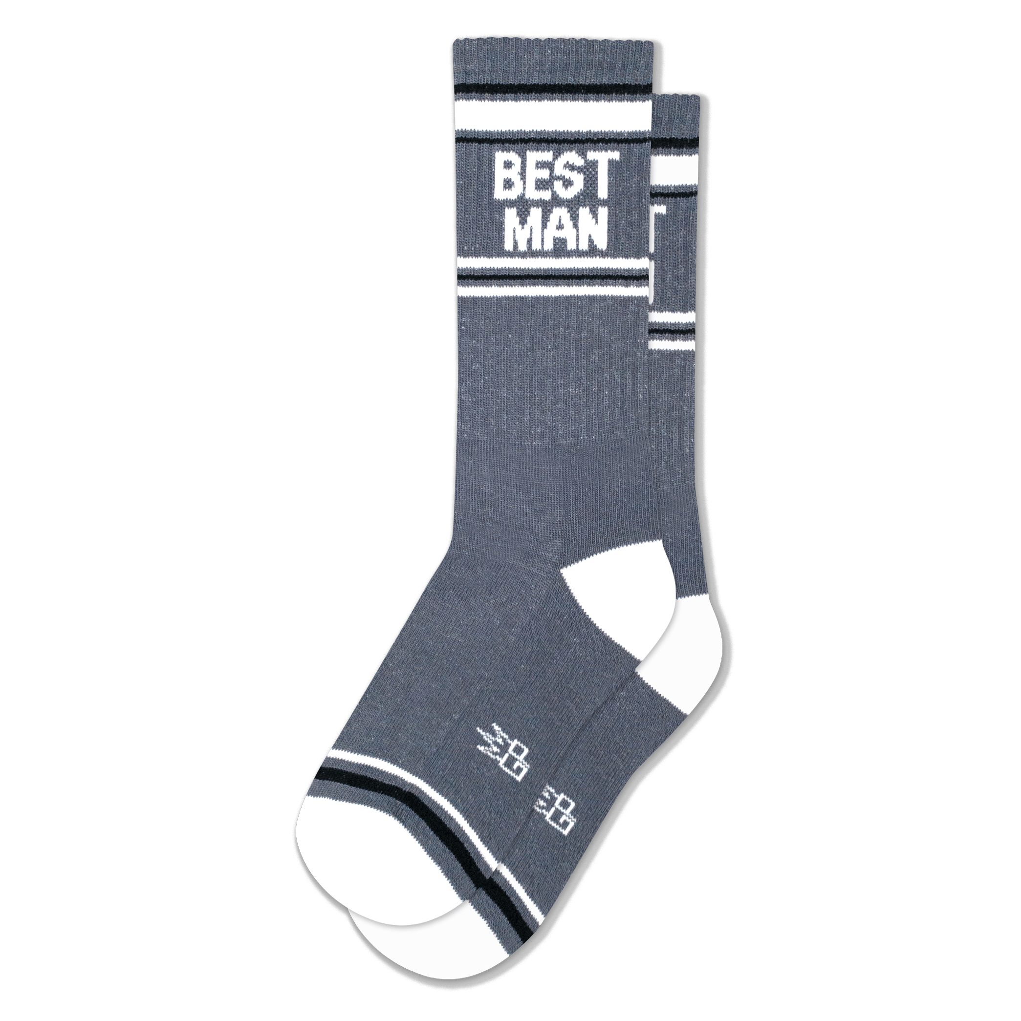 Heather grey crew socks with white heel and toe, athletic stripes, and BEST MAN in bold letters.