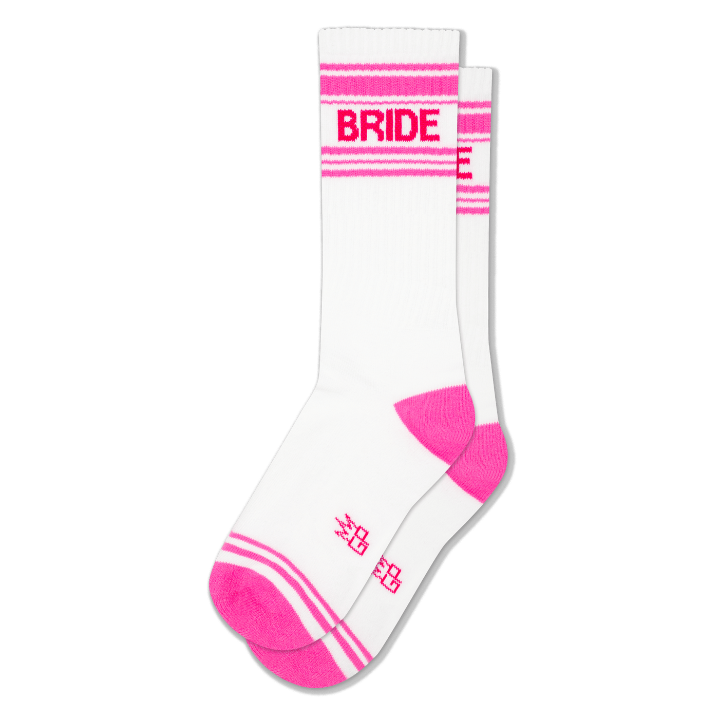 White athletic crew socks with a bright pink heel and toe, pink stripes, and the word BRIDE in pink text across the calf.