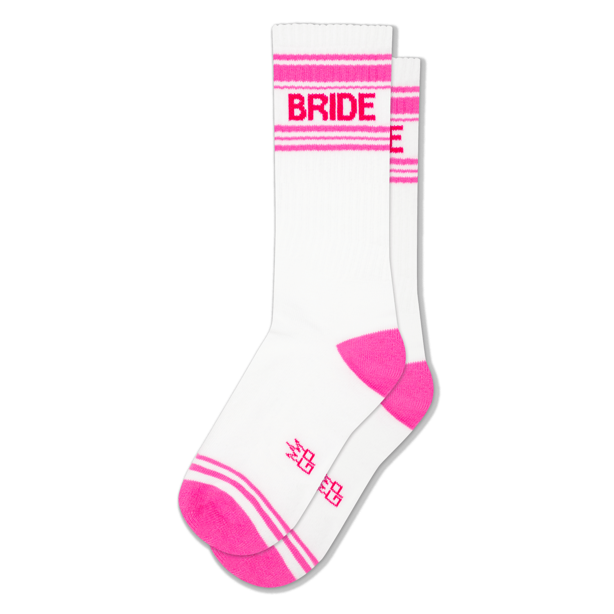 White athletic crew socks with a bright pink heel and toe, pink stripes, and the word BRIDE in pink text across the calf.