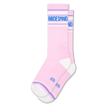 Light pink retro tube socks with white and lavender stripes, white heels and toes, and BRIDESMAID in bold blue lettering.
