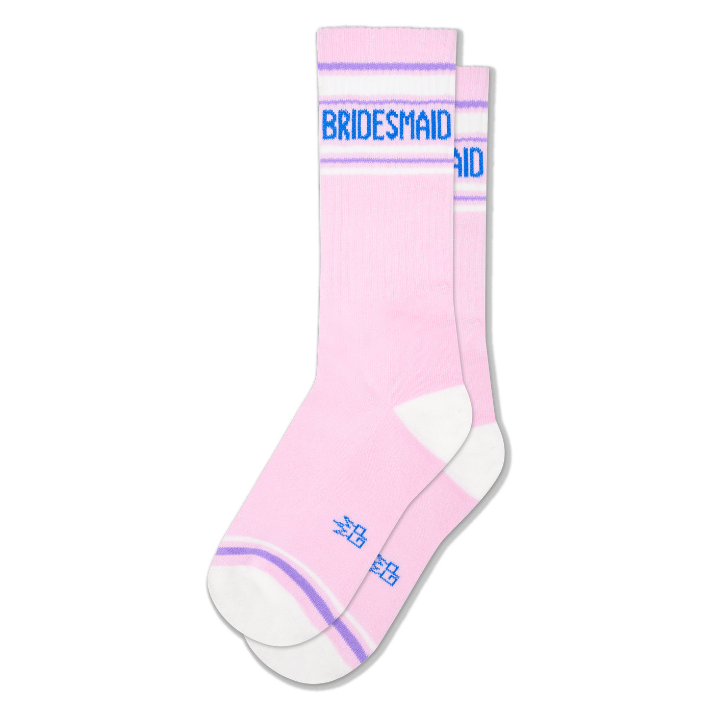 Light pink retro tube socks with white and lavender stripes, white heels and toes, and BRIDESMAID in bold blue lettering.