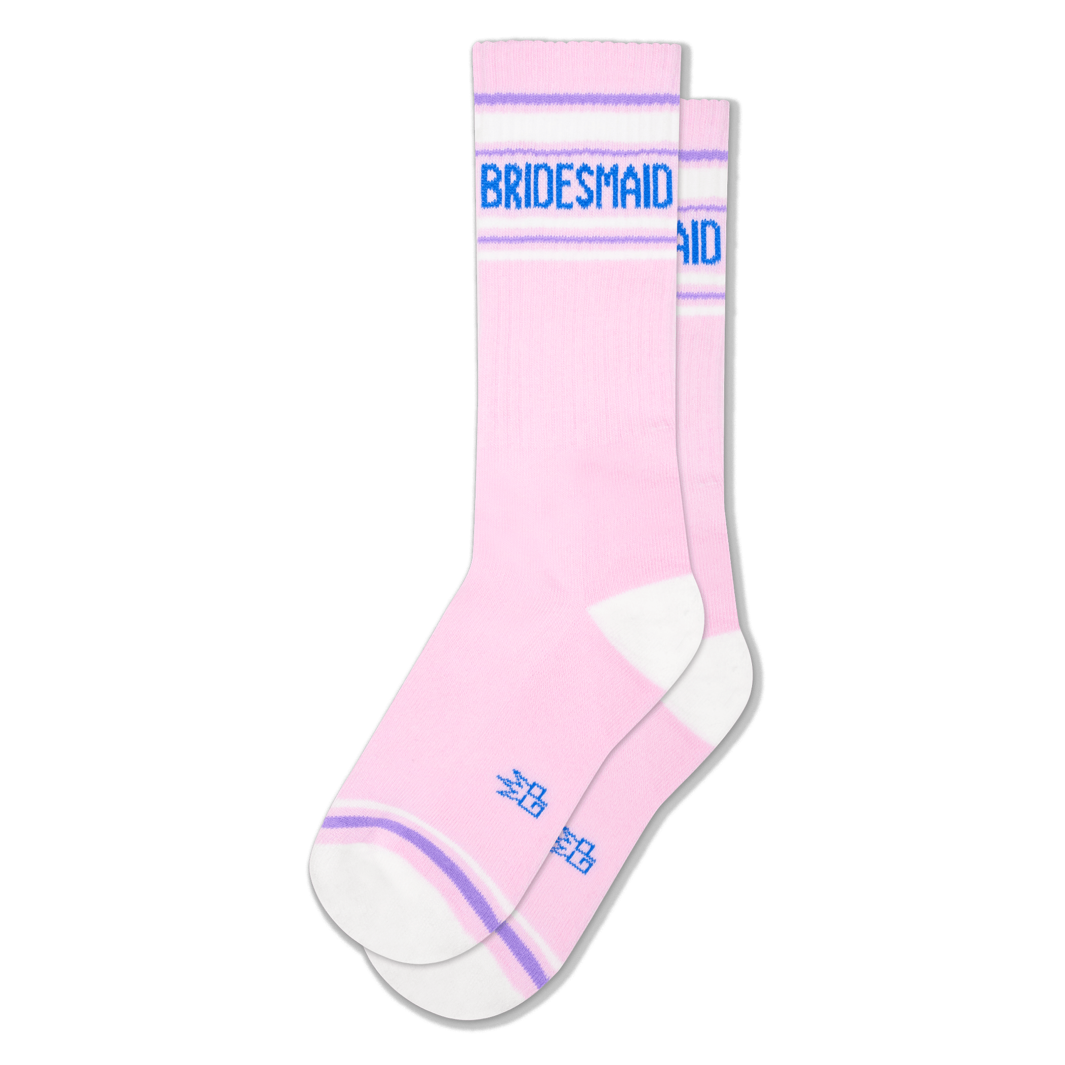 Light pink retro tube socks with white and lavender stripes, white heels and toes, and BRIDESMAID in bold blue lettering.