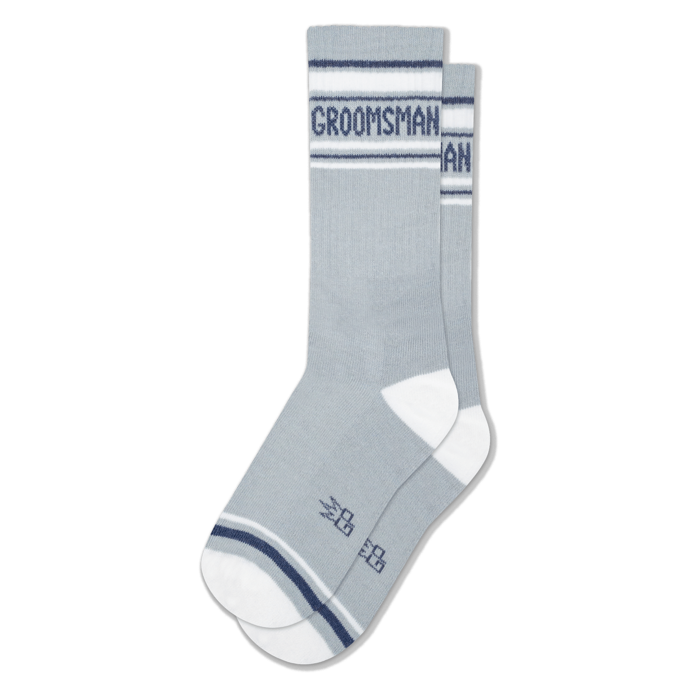 Light grey athletic style crew socks with white heels, white toes, navy stripes, and GROOMSMAN printed around the top cuff.
