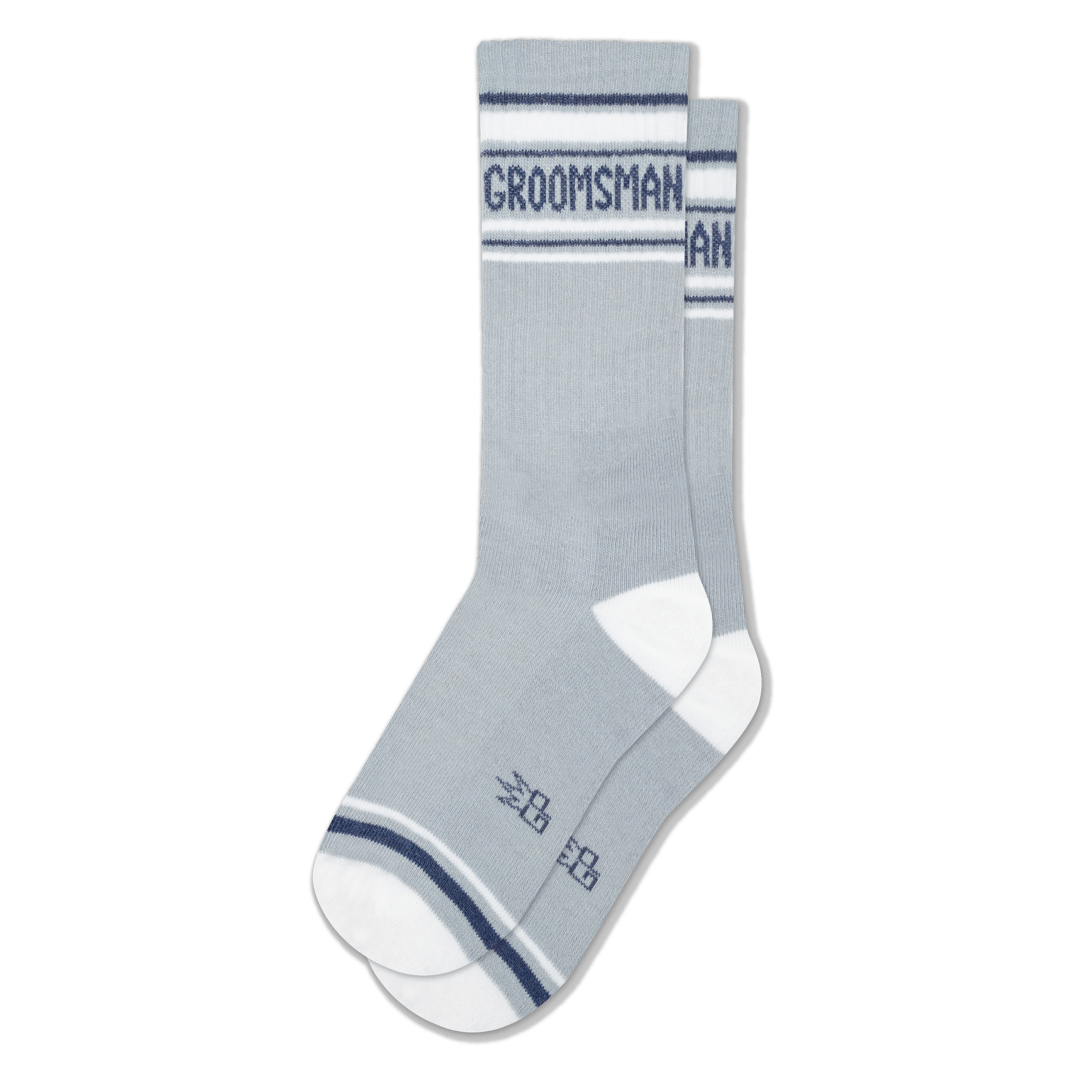 Light grey athletic style crew socks with white heels, white toes, navy stripes, and GROOMSMAN printed around the top cuff.