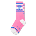 Pink tube socks with white heels and toes featuring Maid of Honor in blue text surrounded by retro blue and white stripes.