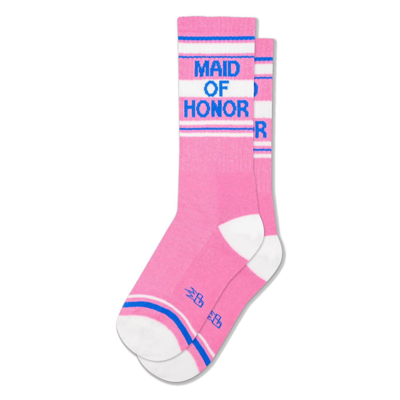 Pink tube socks with white heels and toes featuring Maid of Honor in blue text surrounded by retro blue and white stripes.