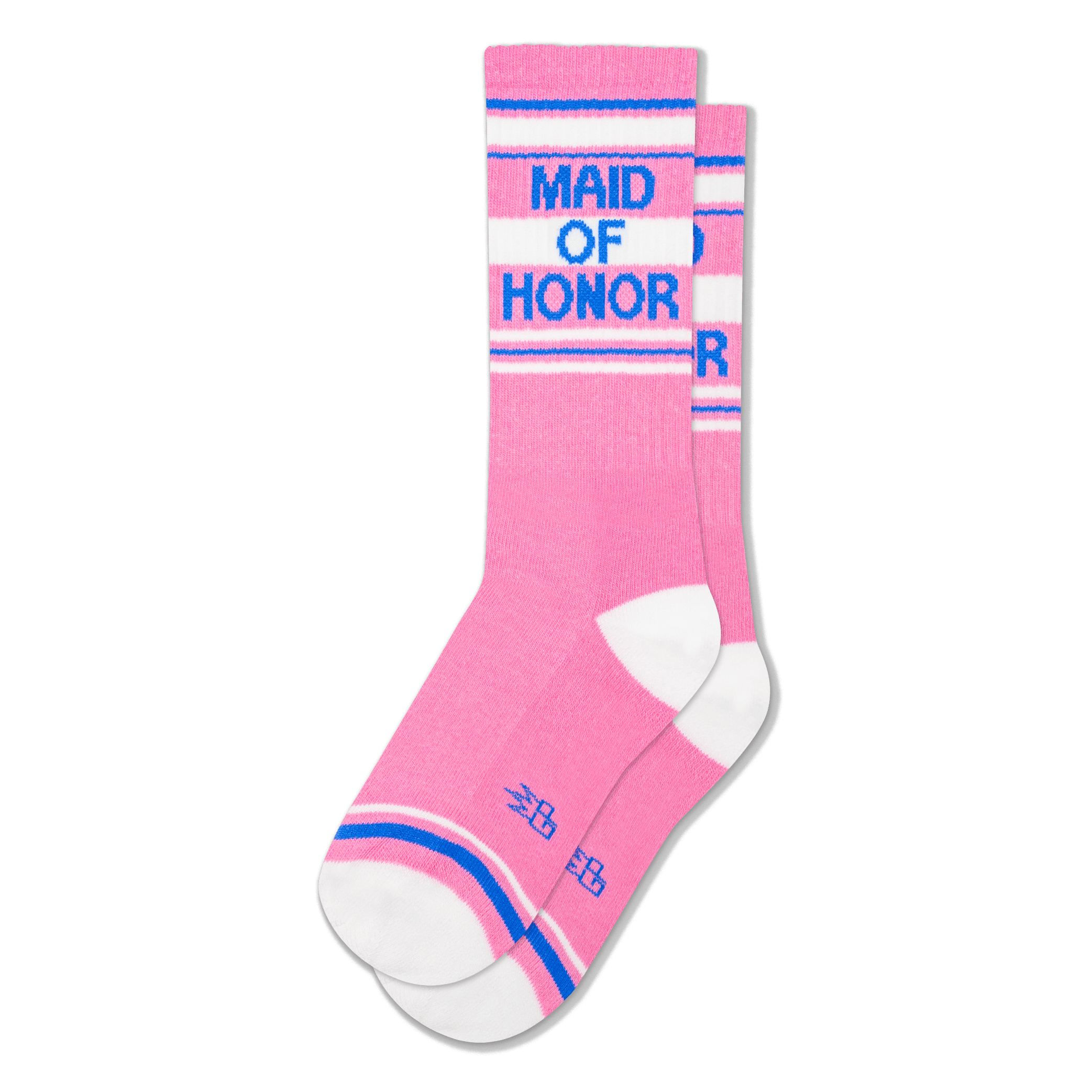 Pink tube socks with white heels and toes featuring Maid of Honor in blue text surrounded by retro blue and white stripes.