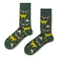 Dark green crew socks featuring a pattern of varied moths, including bright yellow ones and dark ones with skull markings.