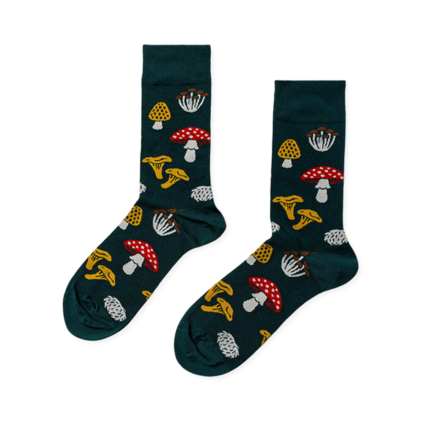 Pair of crew socks in dark green, patterned with various fungi: red with white spots, yellow ruffled, white clusters, and textured yellow mushrooms.