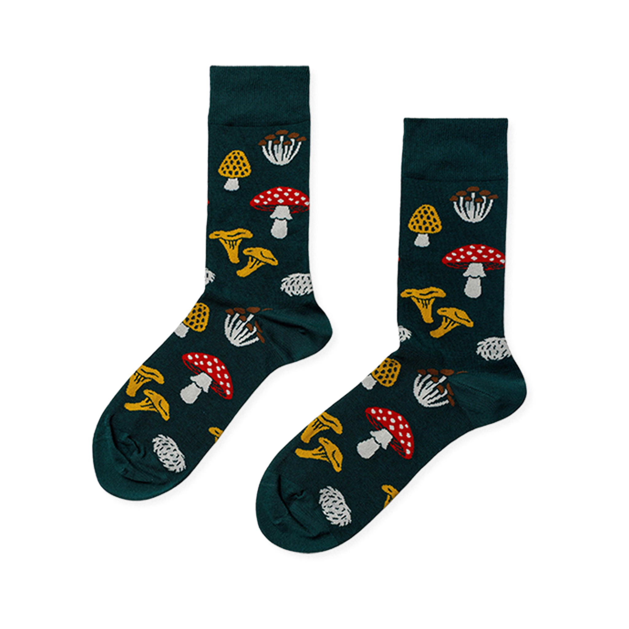 Pair of crew socks in dark green, patterned with various fungi: red with white spots, yellow ruffled, white clusters, and textured yellow mushrooms.