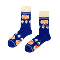 Pair of royal blue crew socks with cream cuffs, heels, toes. Features 'Serve Hot' and 'Hot Mess' text with cups and broken Greek vases.