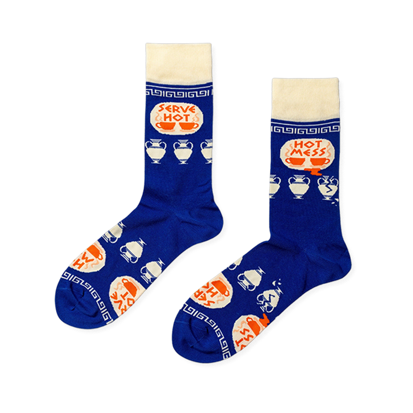 Pair of royal blue crew socks with cream cuffs, heels, toes. Features 'Serve Hot' and 'Hot Mess' text with cups and broken Greek vases.