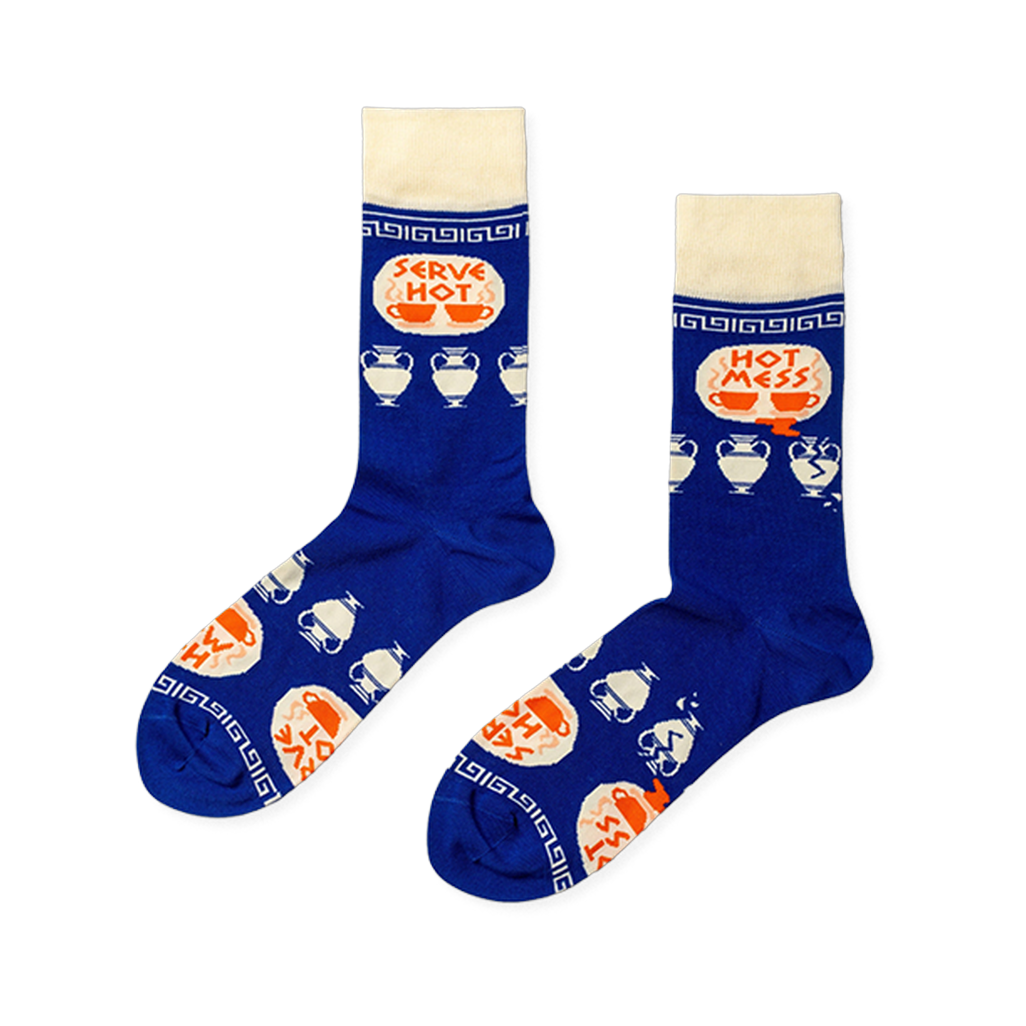 Pair of royal blue crew socks with cream cuffs, heels, toes. Features 'Serve Hot' and 'Hot Mess' text with cups and broken Greek vases.