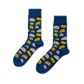 Pair of deep blue crew socks with a repeating pattern of yellow and cream cheese wedges, blocks, and white molds.