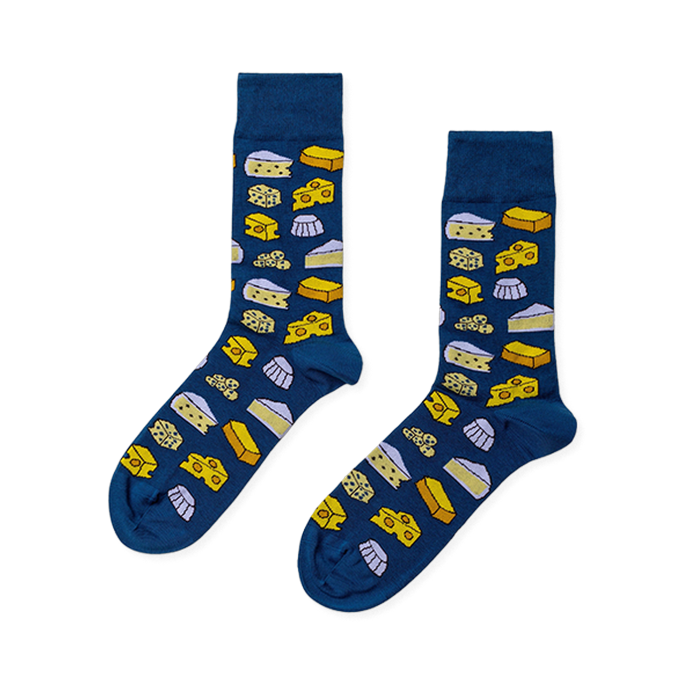 Pair of deep blue crew socks with a repeating pattern of yellow and cream cheese wedges, blocks, and white molds.