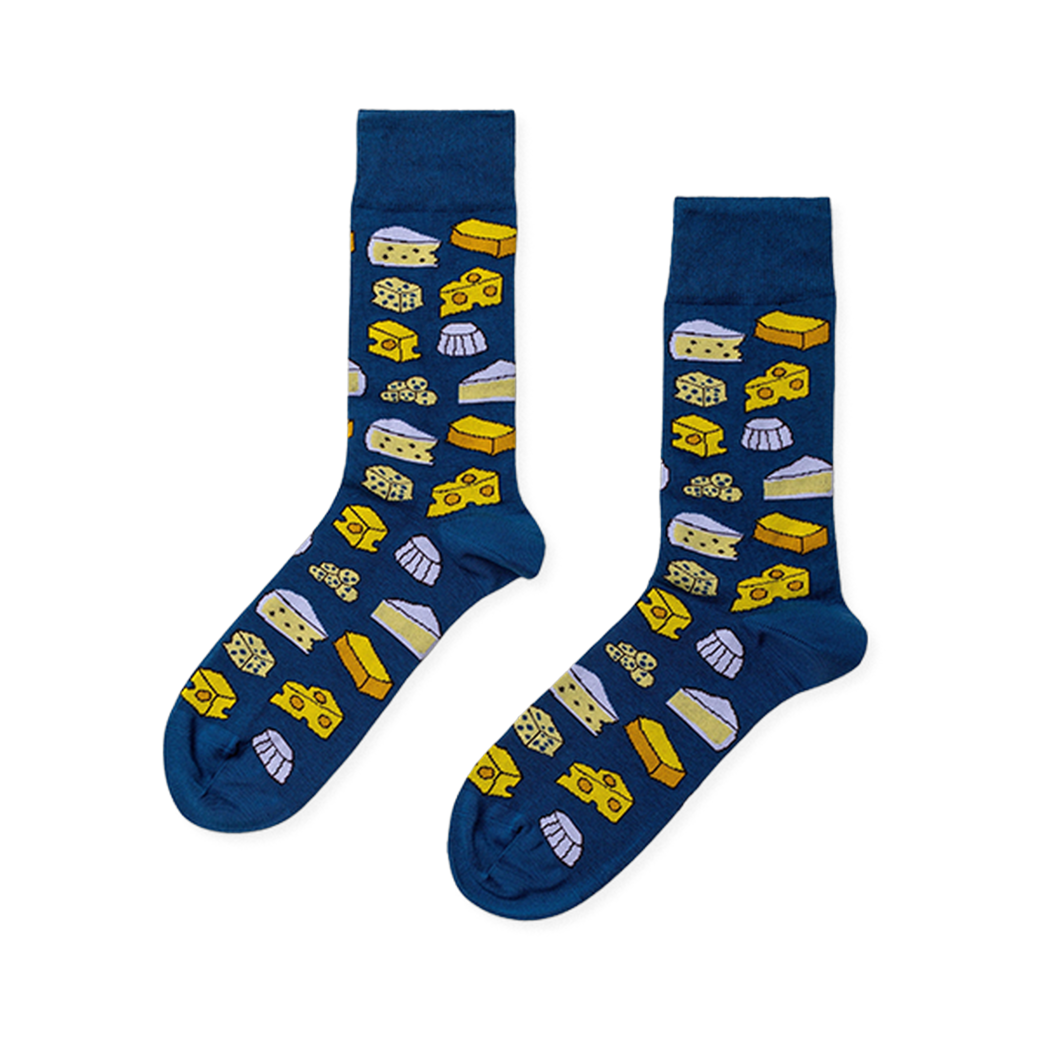 Pair of deep blue crew socks with a repeating pattern of yellow and cream cheese wedges, blocks, and white molds.