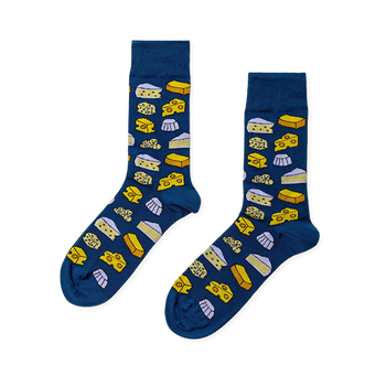 Pair of deep blue crew socks with a repeating pattern of yellow and cream cheese wedges, blocks, and white molds.