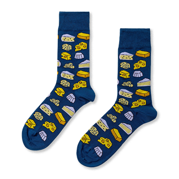 Pair of deep blue crew socks with a repeating pattern of yellow and cream cheese wedges, blocks, and white molds.