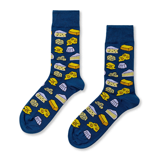 Pair of deep blue crew socks with a repeating pattern of yellow and cream cheese wedges, blocks, and white molds. }}