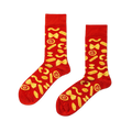 Pair of red crew socks with a repeating yellow pattern of various pasta shapes like farfalle, fusilli, and rotelle.