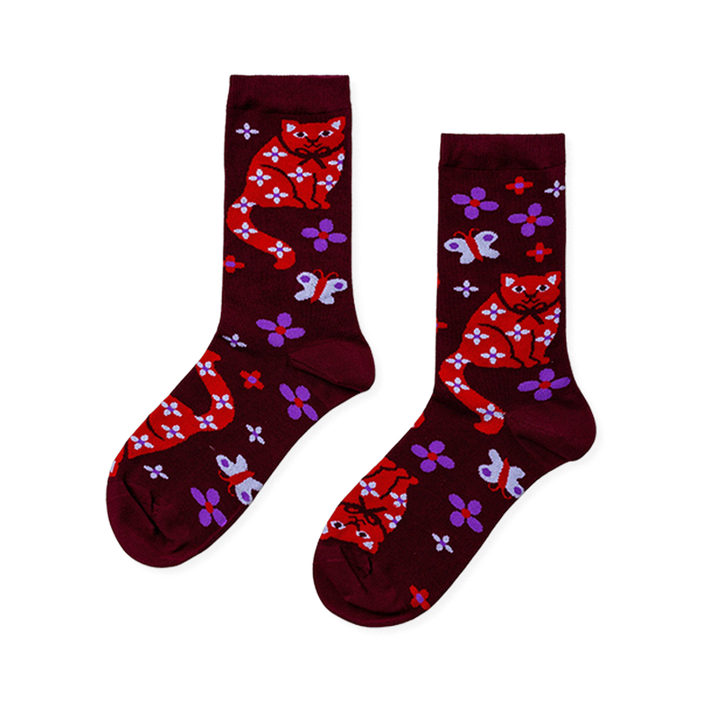 Pair of burgundy crew socks with red cats, white floral patterns, white bows, purple flowers, and white butterflies.