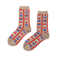 Pair of beige crew socks with a repeating pattern of small gnomes, red-capped mushrooms, and red flower clusters.