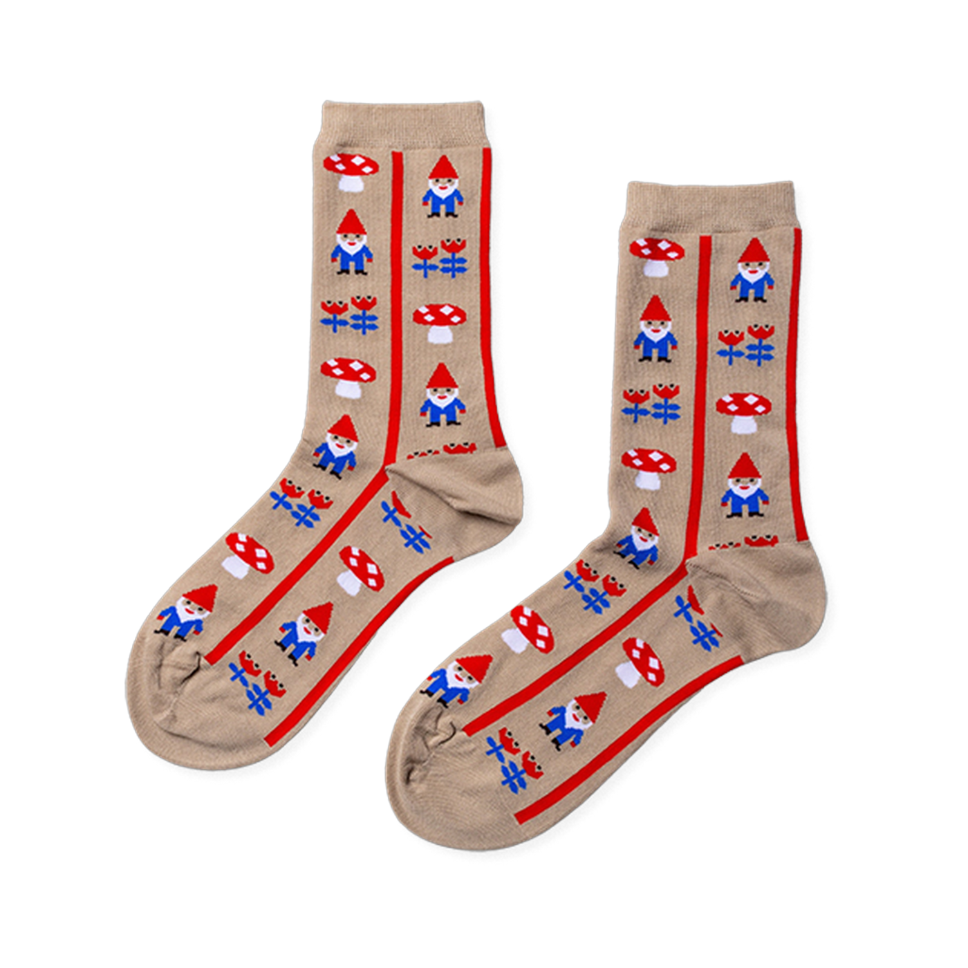 Pair of beige crew socks with a repeating pattern of small gnomes, red-capped mushrooms, and red flower clusters.