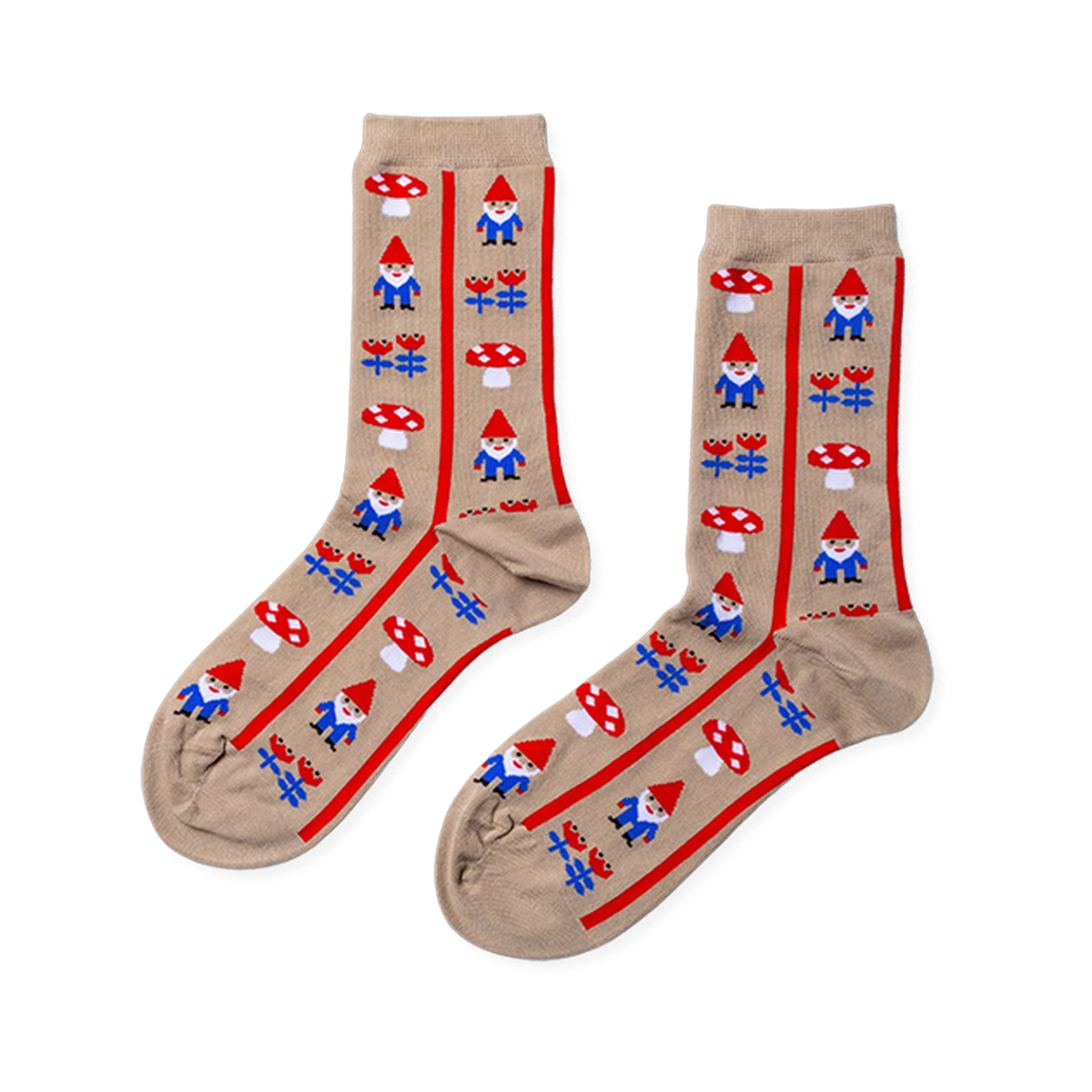 Pair of beige crew socks with a repeating pattern of small gnomes, red-capped mushrooms, and red flower clusters.