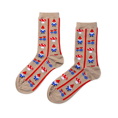 Pair of beige crew socks with a repeating pattern of small gnomes, red-capped mushrooms, and red flower clusters.
