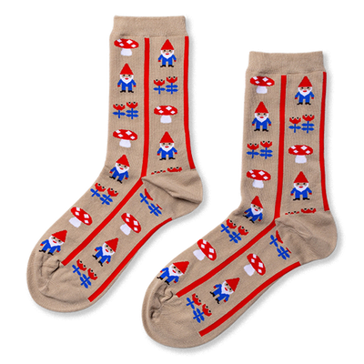 Pair of beige crew socks with a repeating pattern of small gnomes, red-capped mushrooms, and red flower clusters.
