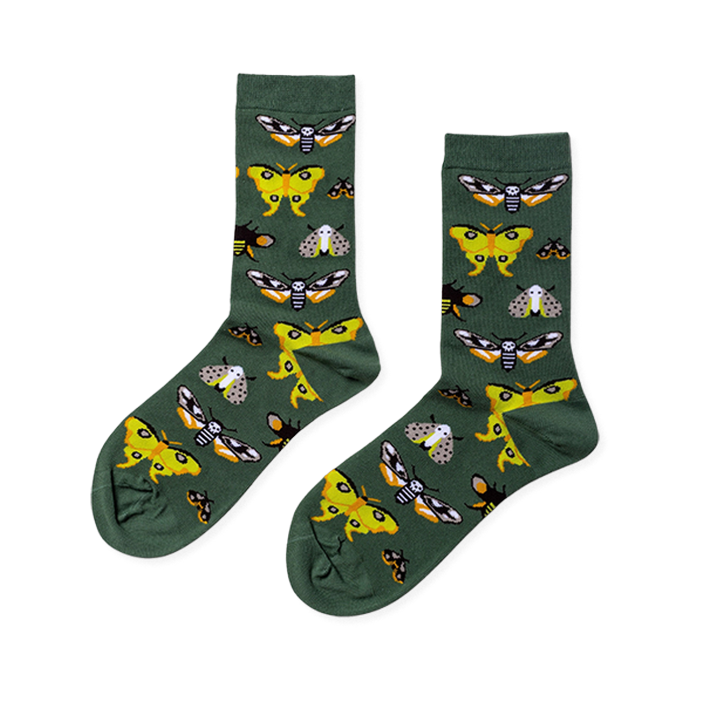 Pair of crew socks in dark green, patterned with various moths including yellow, black and white skull-like, and grey speckled designs.