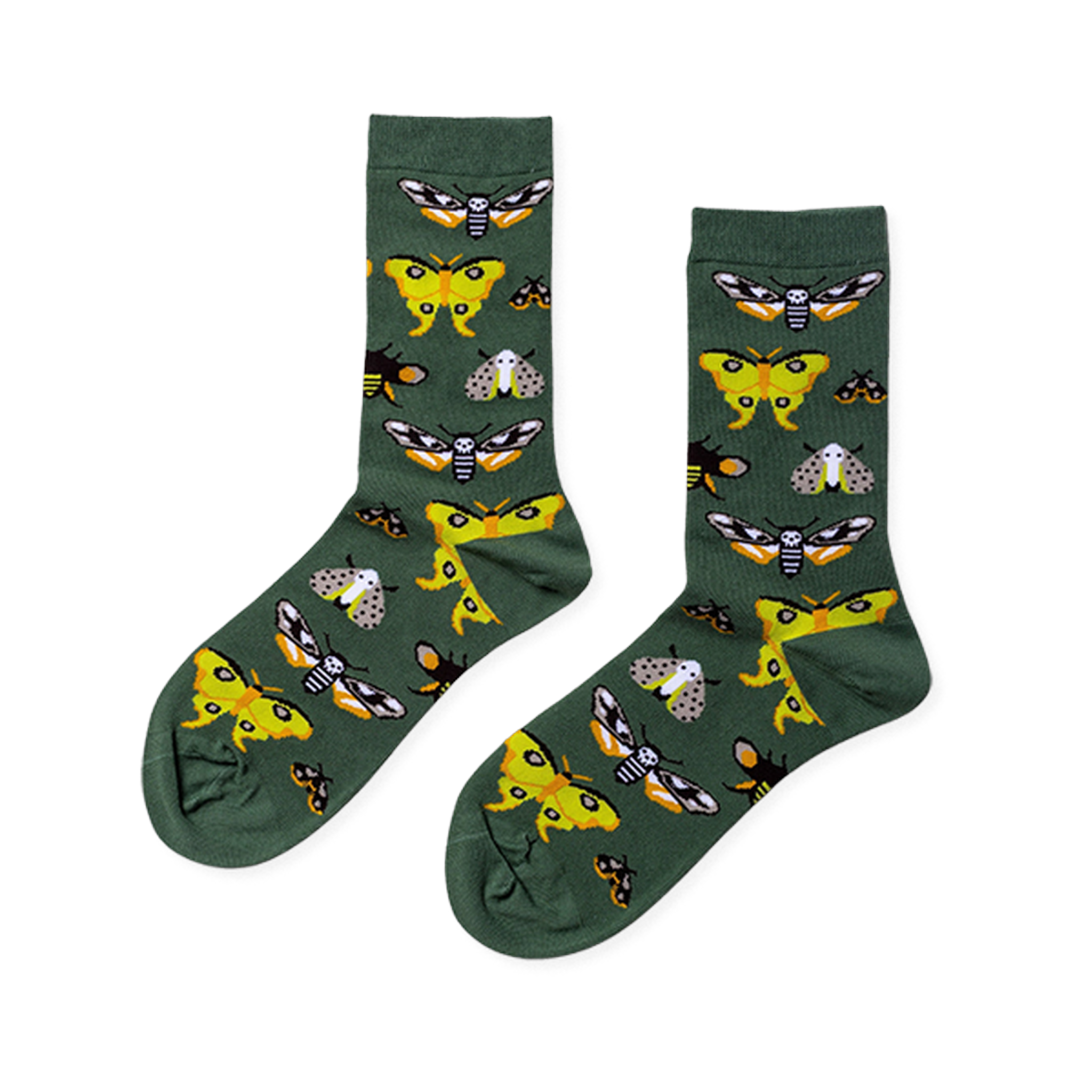 Pair of crew socks in dark green, patterned with various moths including yellow, black and white skull-like, and grey speckled designs.