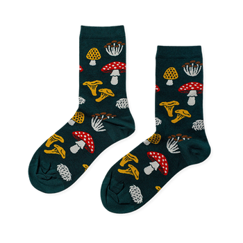 forest fungi  mushrooms themed womens green novelty crew socks