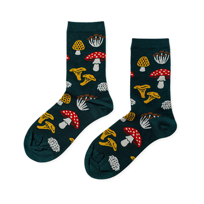 forest fungi  mushrooms themed womens green novelty crew socks