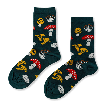forest fungi  mushrooms themed womens green novelty crew socks