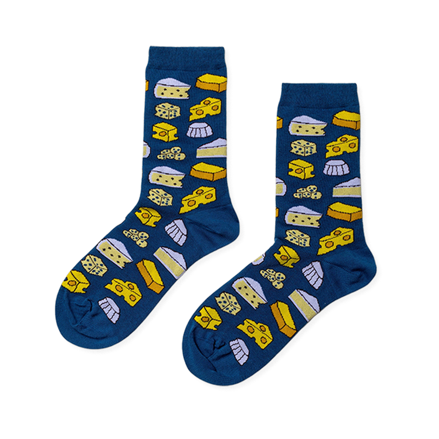 Pair of crew socks with a dark blue base featuring an all-over pattern of various yellow and white cheese shapes.