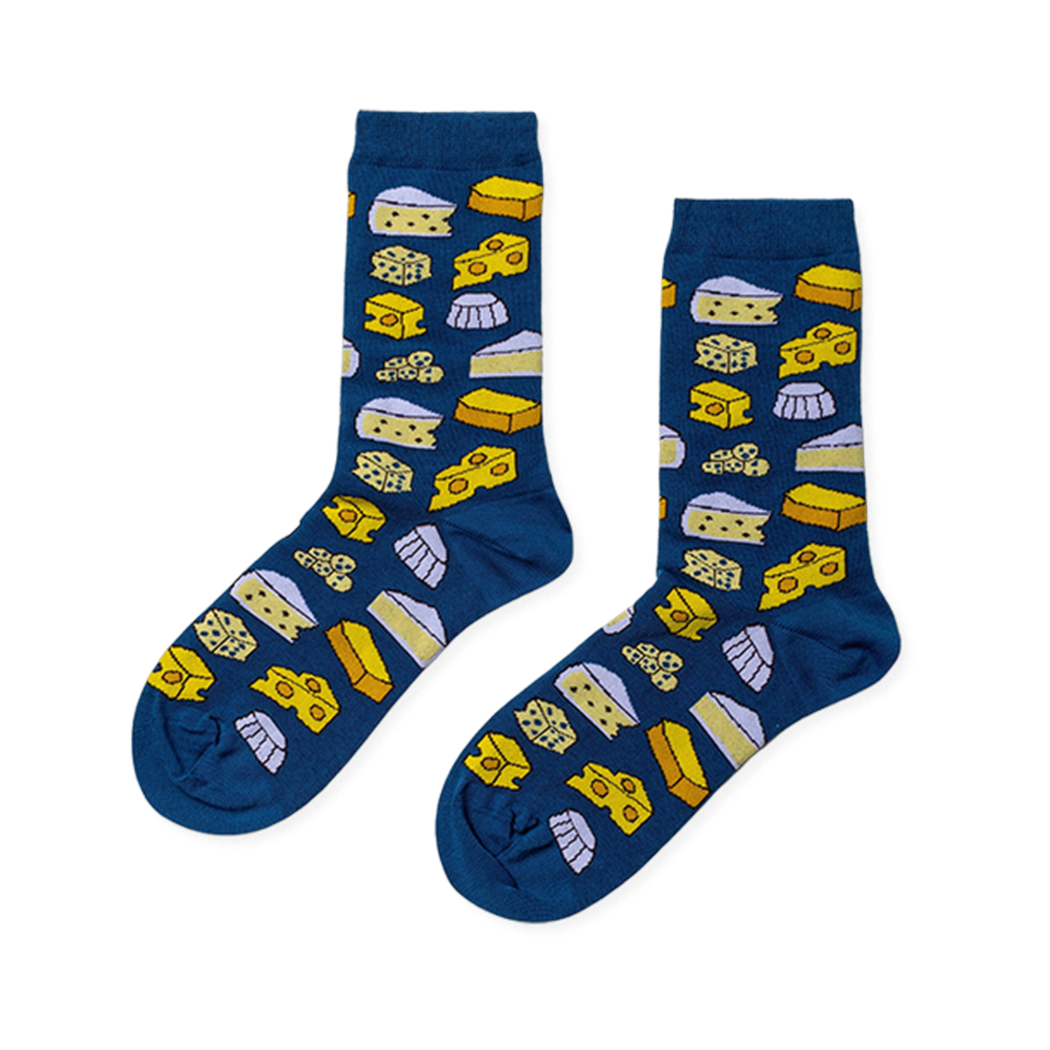 Pair of crew socks with a dark blue base featuring an all-over pattern of various yellow and white cheese shapes.