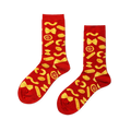 Pair of red crew socks covered in a cheerful yellow pattern of various pasta shapes, including farfalle and penne.