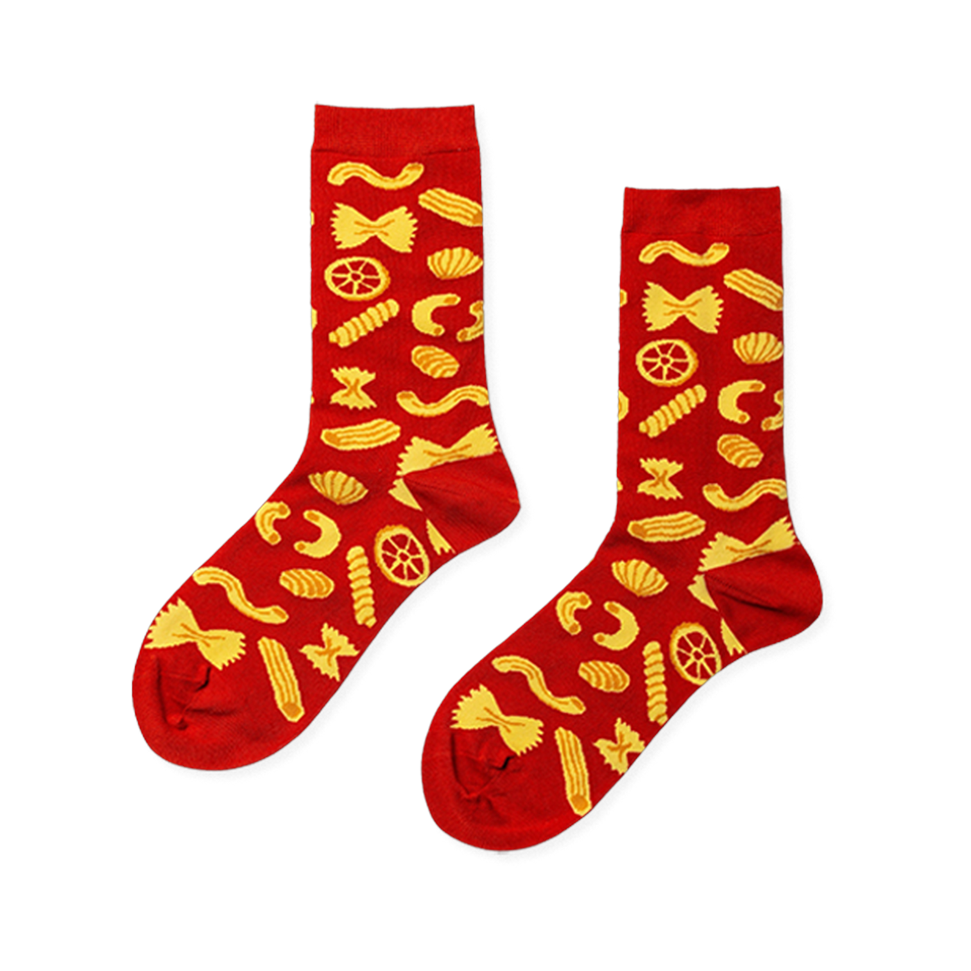 Pair of red crew socks covered in a cheerful yellow pattern of various pasta shapes, including farfalle and penne.