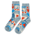 Light blue crew socks featuring a King of Hearts playing card design with bright red hearts and a large K on the top hem.