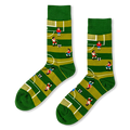 Green crew socks with a retro 8-bit soccer pitch design, showing white field lines, tiny pixelated players, and goals.
