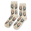 Cream crew socks featuring a pattern of floating brown sea otters holding light blue fish and bright orange shells.