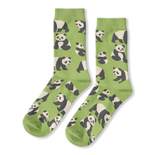 Light green crew socks featuring a repeating pattern of black and white giant pandas sitting, standing, and walking.